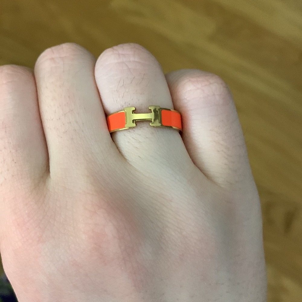 H Orange Enamel Gold Stainless Steel Ring